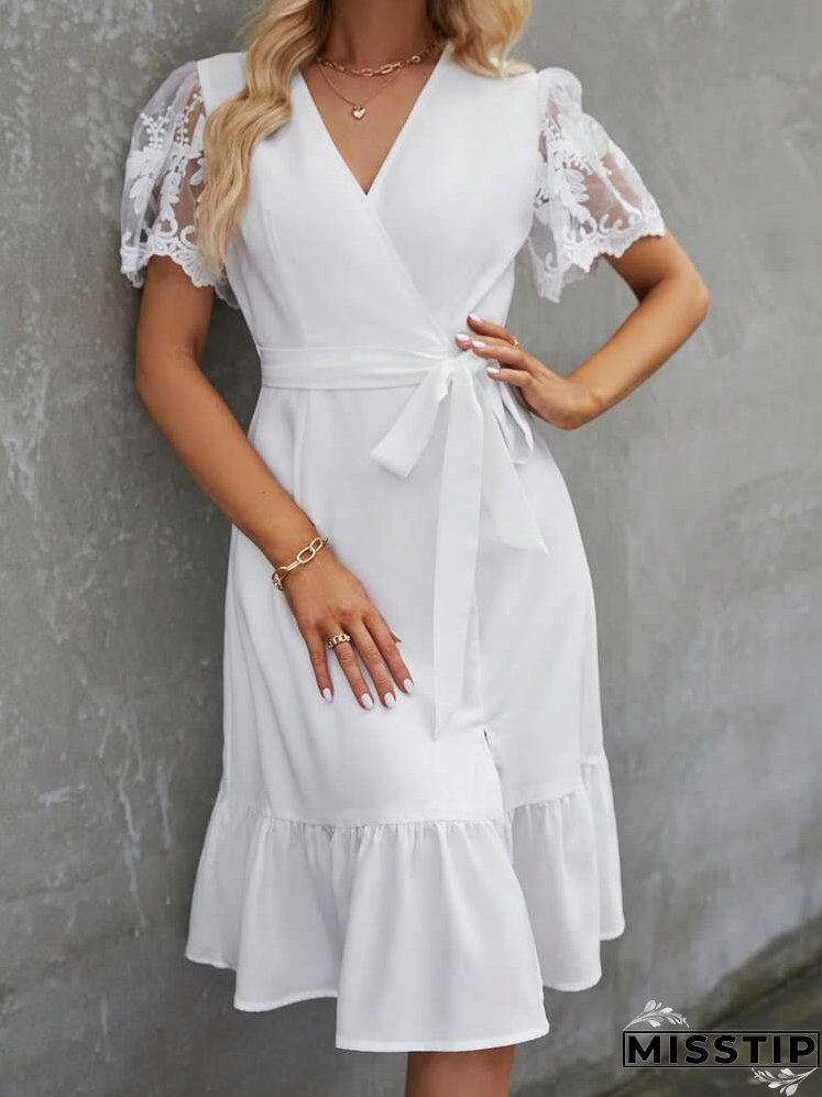 Contrast Lace Ruffle Hem Belted Dress