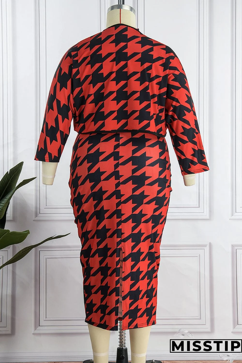 Red Casual Print Basic Half A Turtleneck Sleeveless Dress Plus Size Two Pieces