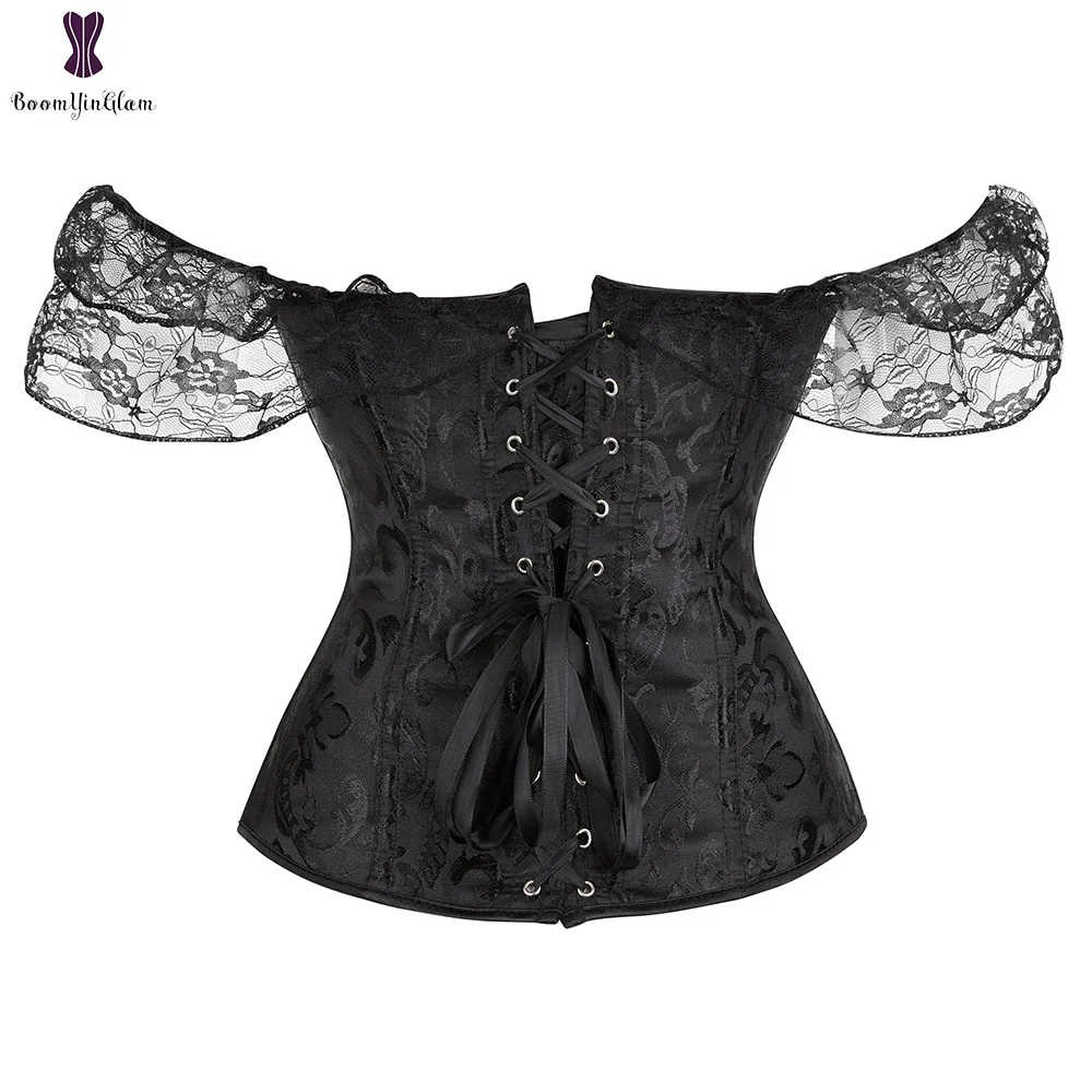 Uaang Women's Princess Renaissance Corset Black White Red Green Beige Floral Lace Short Sleeves Elegant Halloween Bustier Top