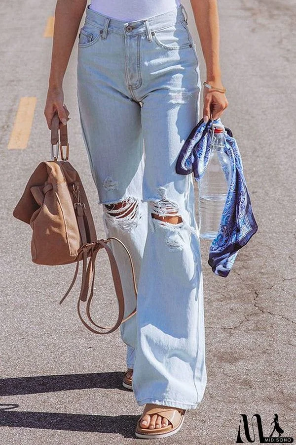 MidiSono - High Waist Denim Pants with Holes Washed