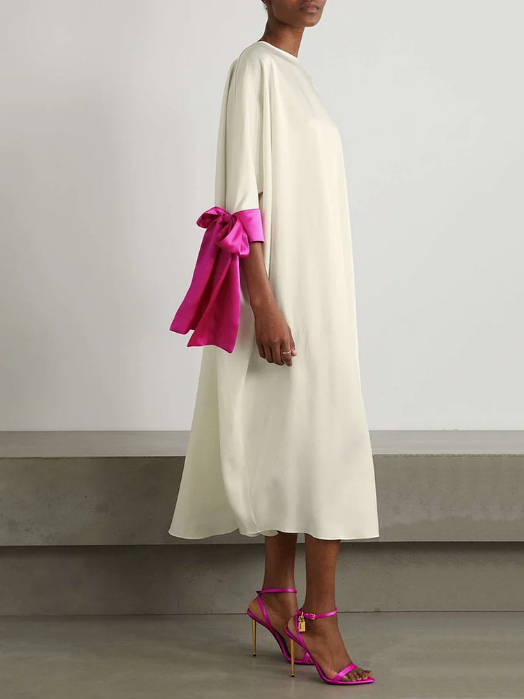 Loose Seven-Quarter Sleeves Contrast Color Round-Neck Midi Dresses