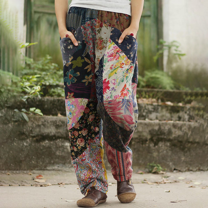 Comstylish Women Botanical Floral Patchwork Casual Cotton And Linen Pants