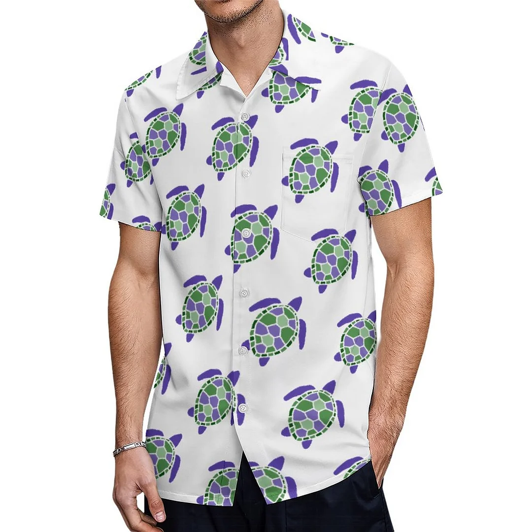 Short Sleeve Green And Purple Sea Turtle Hawaiian Shirt Mens Button Down Plus Size Tropical Hawaii Beach Shirts