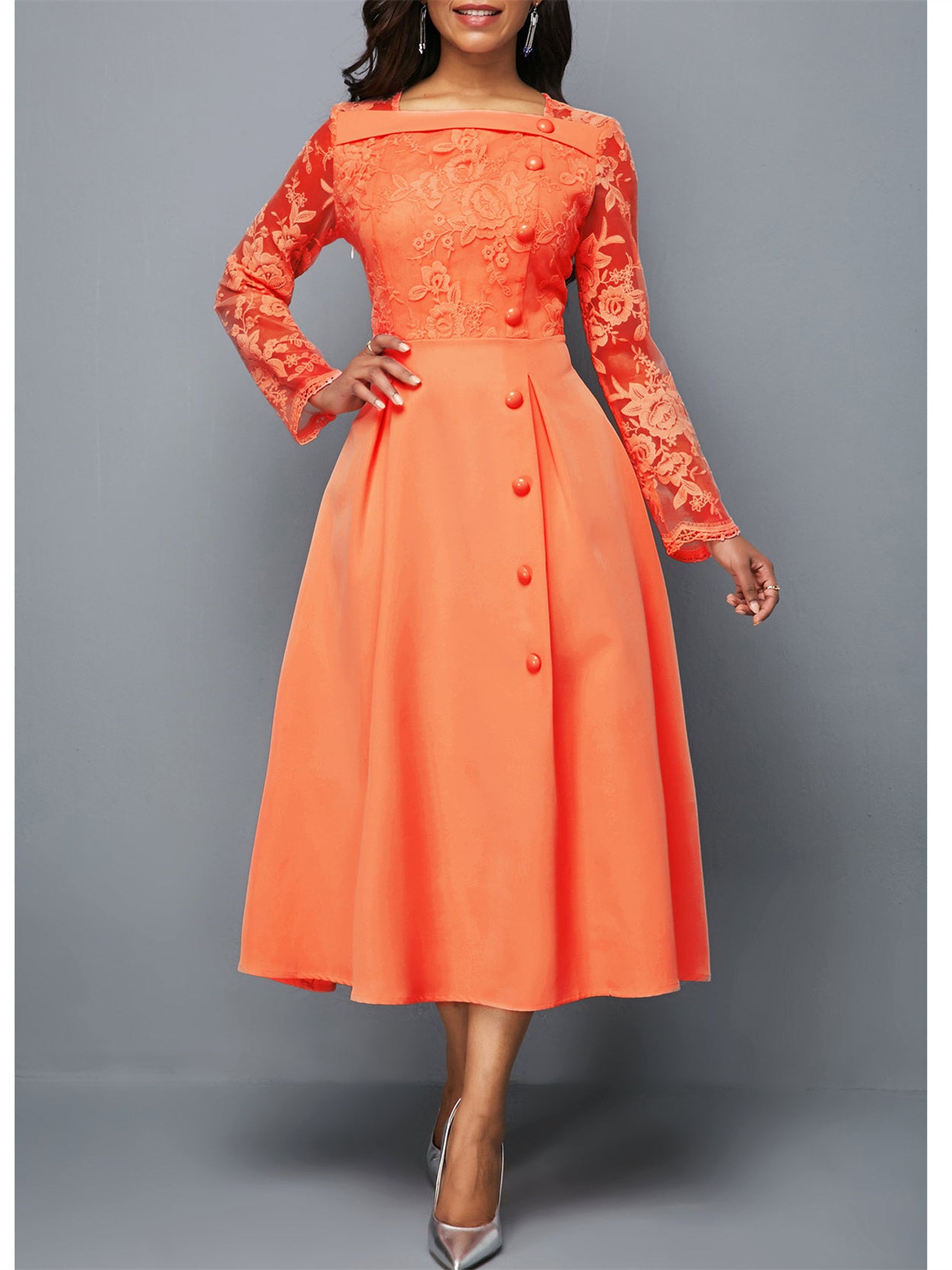 Women's Long Sleeve Square Collar Graphic Midi Dress