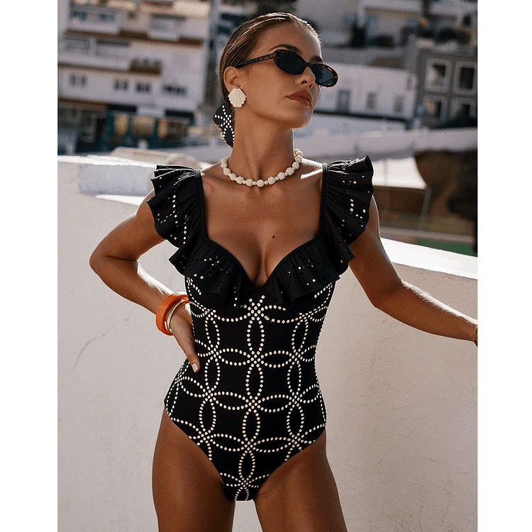 Underwired Black Ruffle Laser Cutting Flower One Piece Swimsuit and Skirt