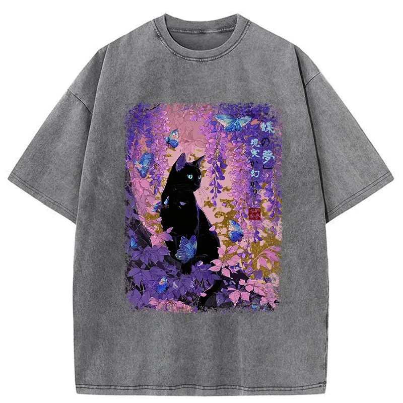 Dreamy Wisteria And Paws Washed T-shirt artswardrobe