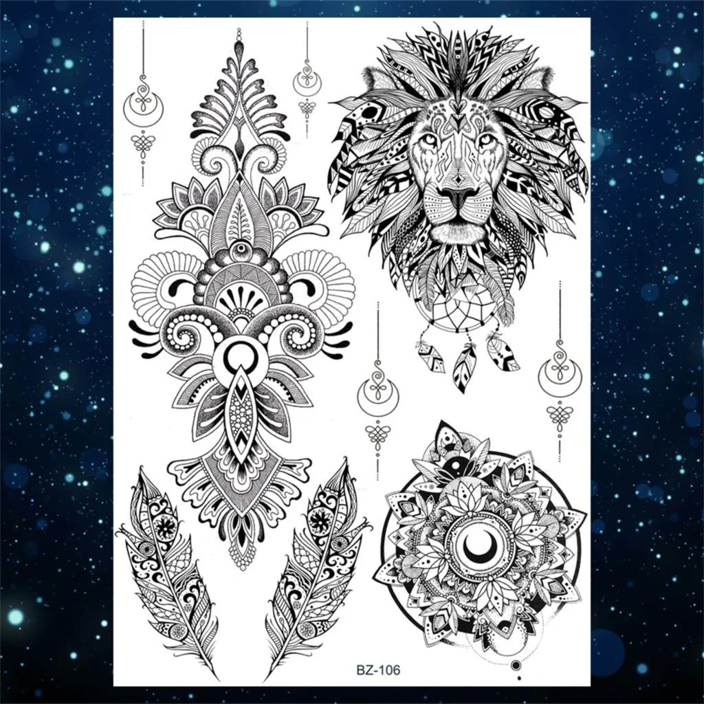 Sdrawing Henna Temporary Tattoos For Women Girls Feather Butterfly DreamCatcher Fake Gem Tattoo Sticker Chest Arm Tatoos Tribal