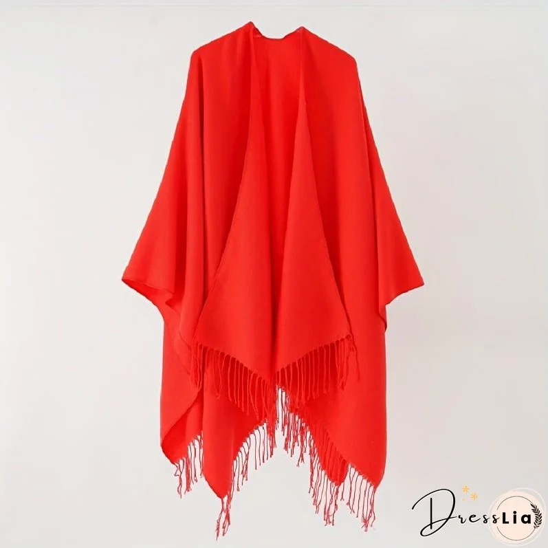 Solid Color Tassel Cardigan Poncho Simple Imitation Cashmere Open Front Large Shawl Women's Autumn Winter Outside Warm Coldproof Shawl Cape