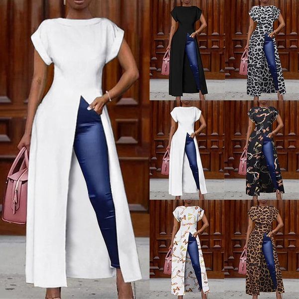 Women's Fashion Pure Short Sleeve Open Fork Blouse Irregular Swallowtail High-low Maxi Dress - BlackFridayBuys