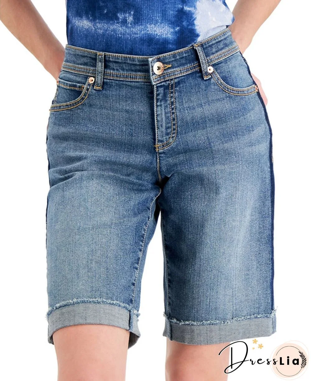 INC International Concepts Women's Curvy Fit Contrast Trim Cuffed Denim Shorts Navy Size 12