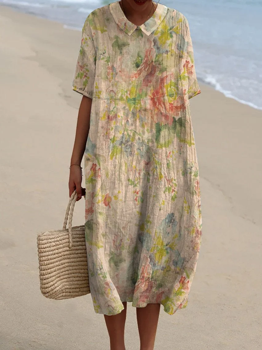 Women's Vintage Floral Art Print Pocket Linen Dress（Convertible Dress With Front And Back Option）