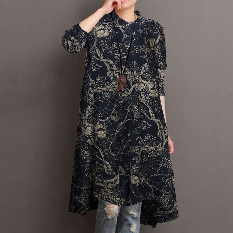 2022 ZANZEA Autumn Women's Asymmetrical Blouse Vintage Printed Long Shirts Casual Long Sleeve Blusas Button Tops Tunic