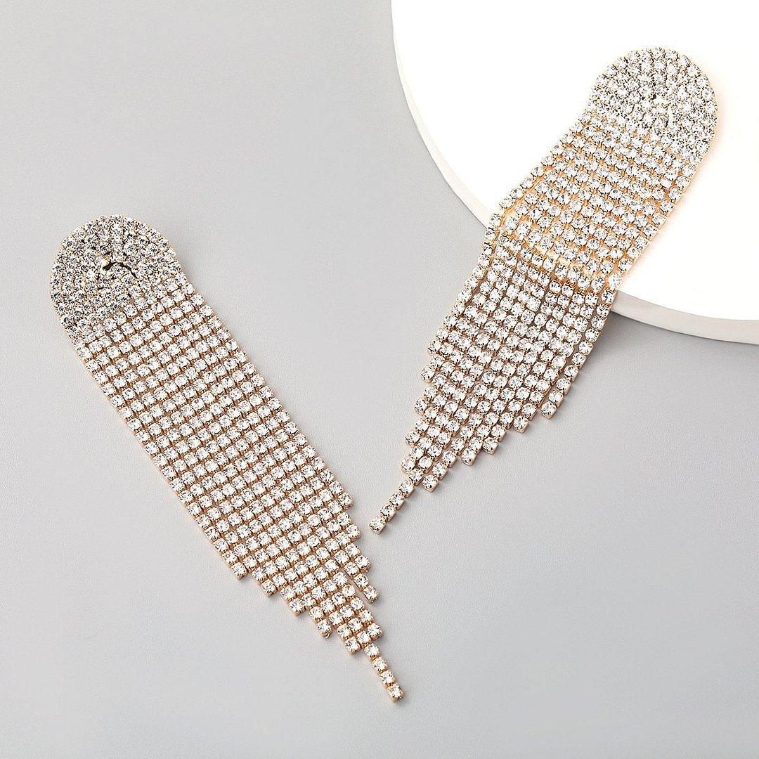 Geometric alloy diamond tassel earrings