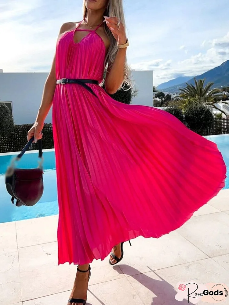 Elegant Halter Hollow Beach Party Long Dress Fashion Pleat Loose Hem Sexy V-Neck Dress Women Summer Sleeveless Solid Dress