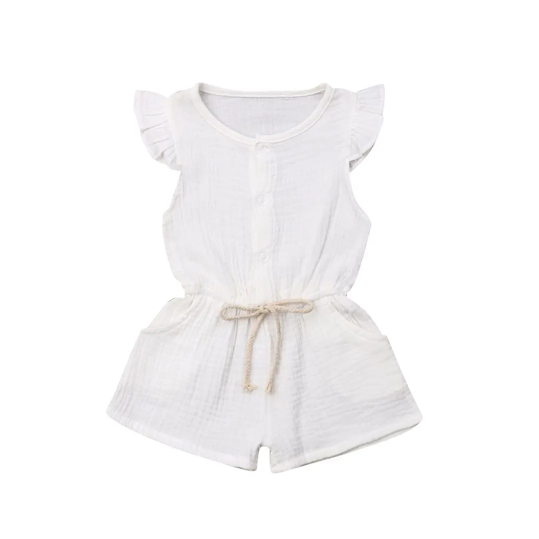 2019 Baby Summer Clothing Infant Kids Baby Girls Solid Romper Clothes Fly-Sleeve Playsuits Sash Jumpsuit Overall Outfits 6M-4Y