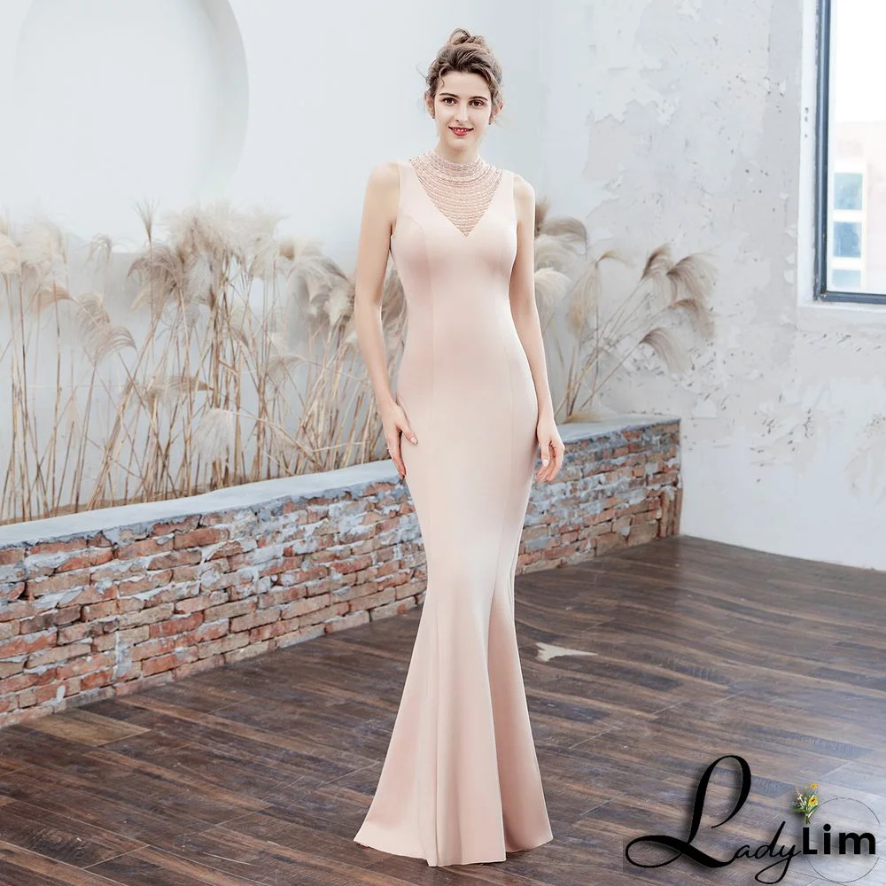 Women Elegant Mesh Sleeveless Formal Party Maxi Mermaid Evening Dress