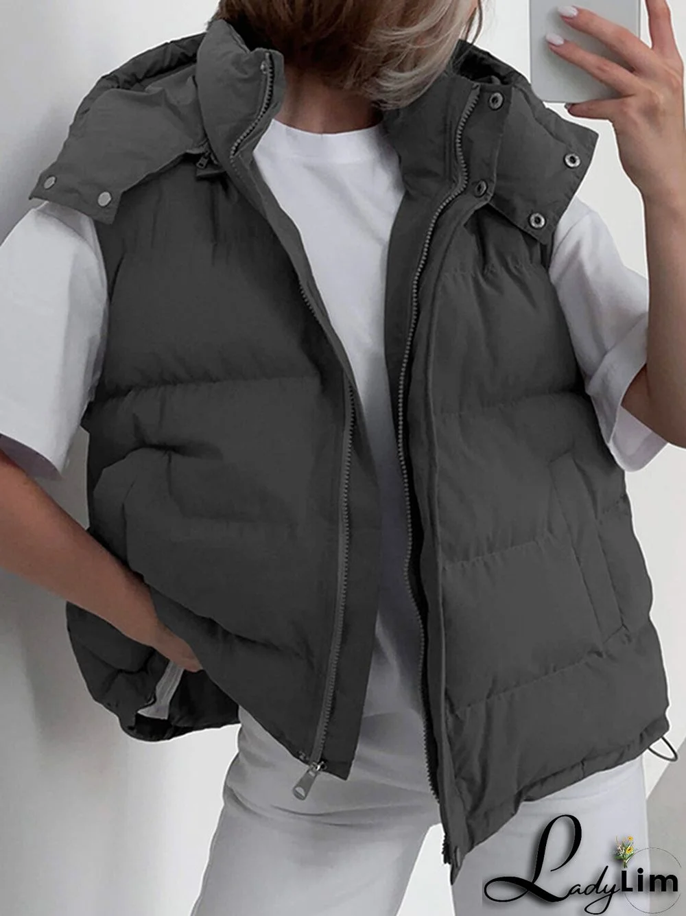 Loose Sleeveless Drawstring Split-Joint Zipper Hooded Padded Vest