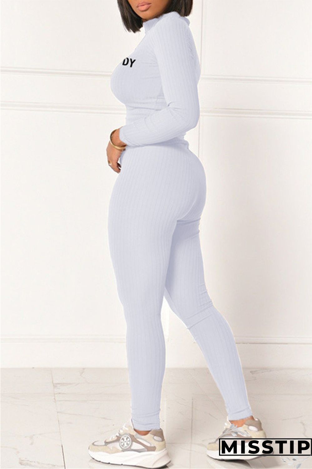 Grey Fashion Casual Letter Print Basic Half A Turtleneck Long Sleeve Two Pieces