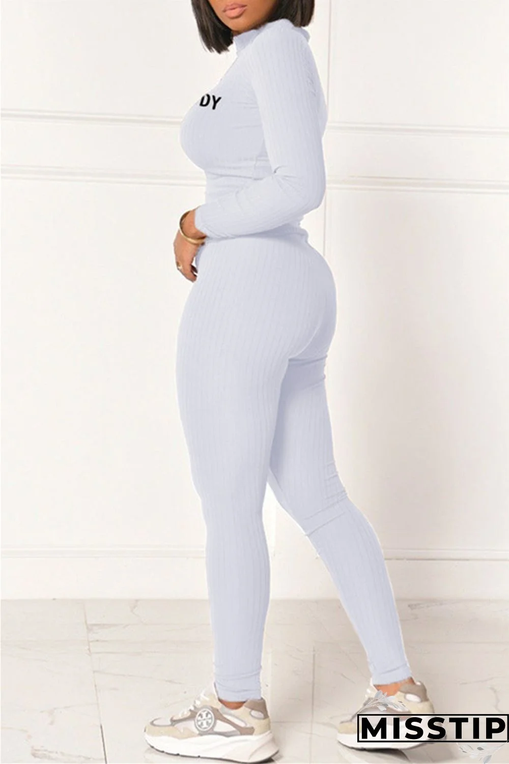 Grey Fashion Casual Letter Print Basic Half A Turtleneck Long Sleeve Two Pieces