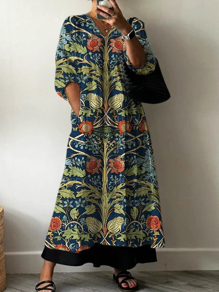 Women's Vintage Lovely Floral Art Print Pocket V-neck Cotton Dress