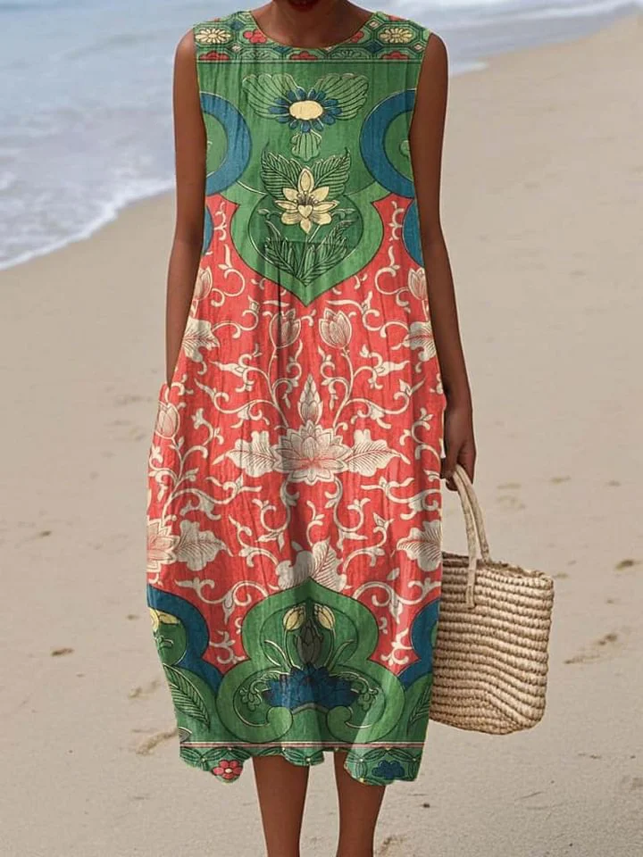 Women's Vintage Floral Pattern Art Print Sleeveless Cotton Pocket Wrap Dress