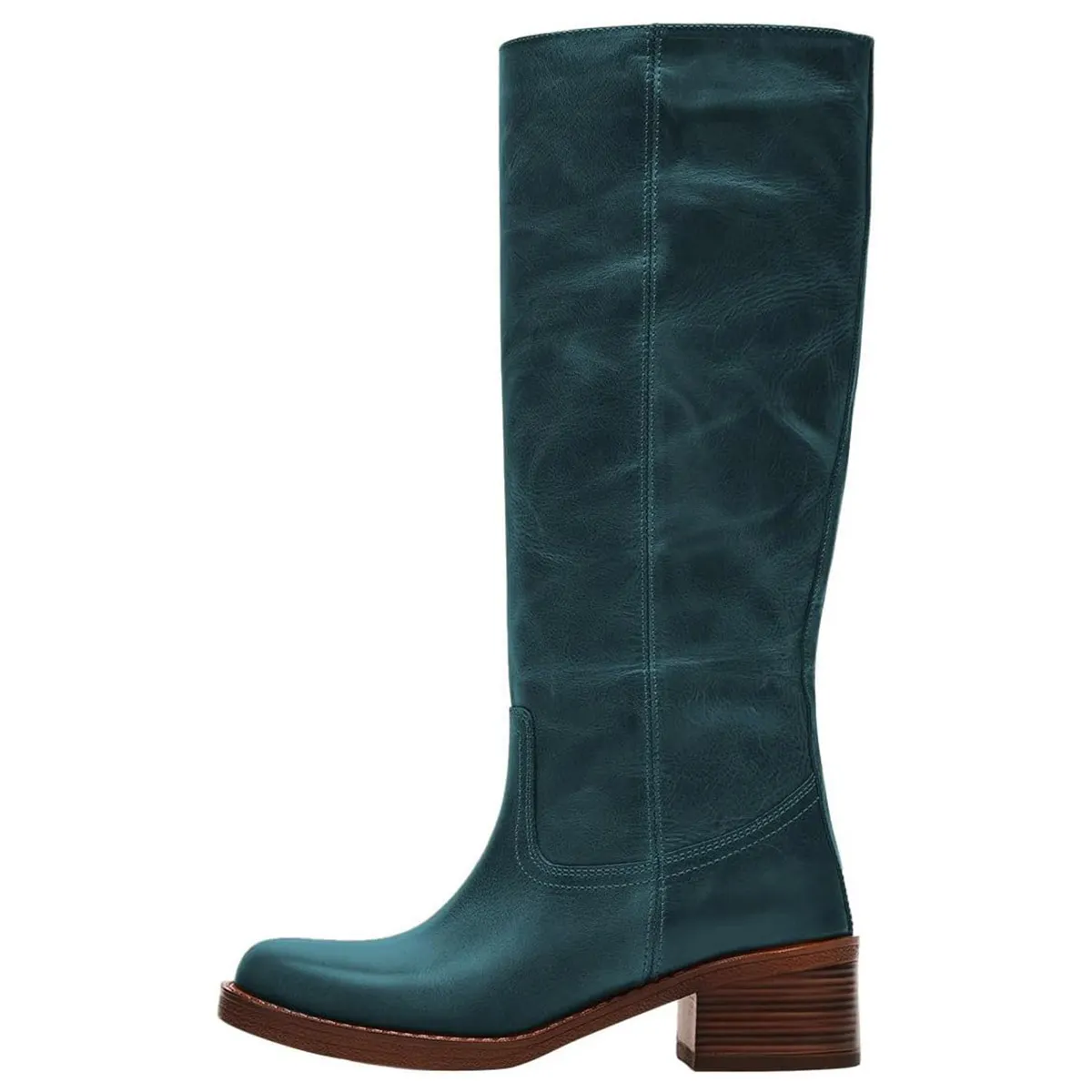 Teal Vegan Leather Square Toe Pull-On Block Heel Knee-High Boots