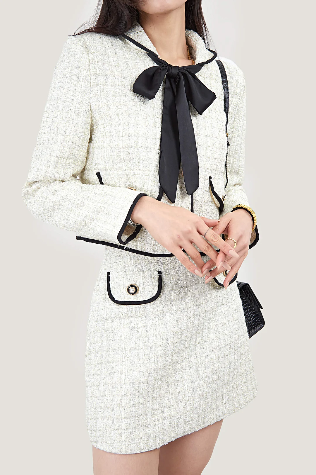 ABEBEY-Abebey Fake Flap Pocket Bow Detailed Jacket&Mini Skirt Two-Piece Set