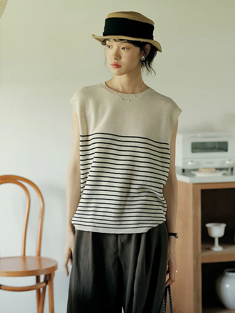 Women Summer Stripe Loose Knitted O-Neck Vest