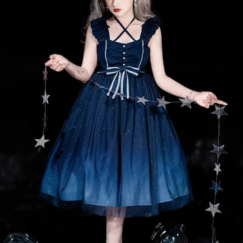 Sweet Lolita Bow Starry Blue Dress SP16000