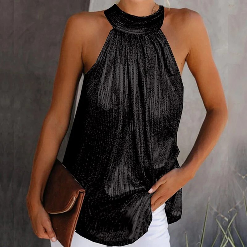 Womens Fashion Shiny Halter Neck Tank Tops Ladies Summer Casual Solid Color Sleeveless T shirt Black Gold Silver