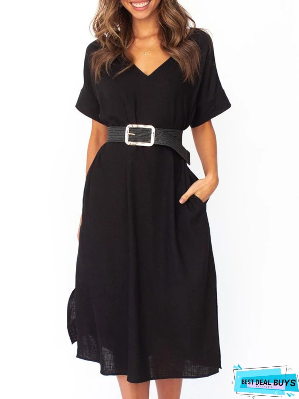 V Neck Short Sleeve Solid Dress