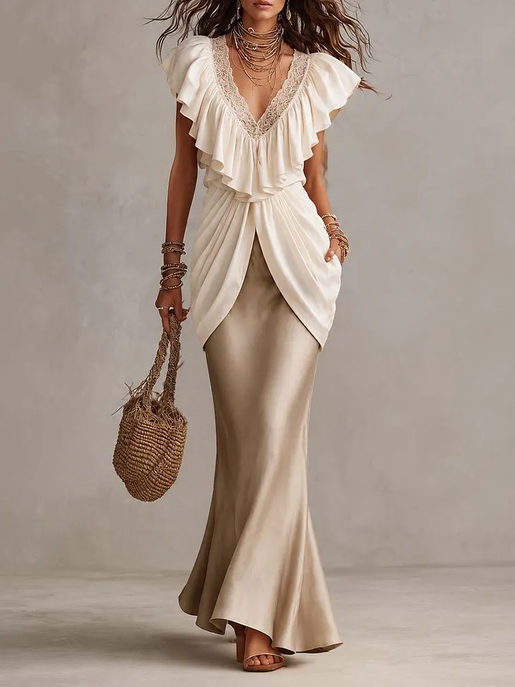 V Neck Ruffle Lace Trim Draped Overlay Satin Mermaid Maxi Dress