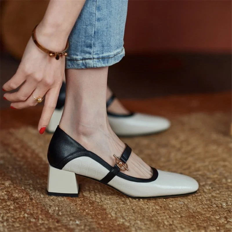 Back To School  2022 Spring/Autumn Women Shoes Square Toe Genuine Leather Stone Pattern Women Pumps Buckle Thick Heel Mixed Colors Female Shoes