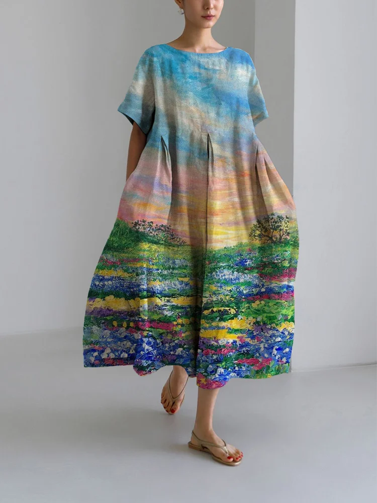 Women's Oil Print Loose Round Neck Medium Length Skirt Dress