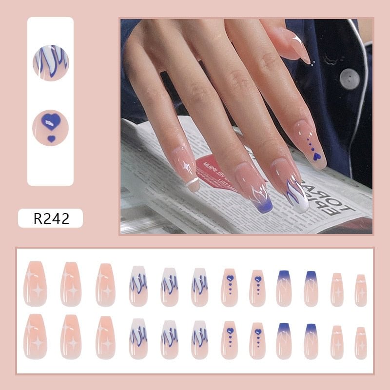 24Pcs Long Ballet Matte False Nails With Glue Green Purple Flame Detachable Press On Acrylic Fake Nail Tips Manicure Tools