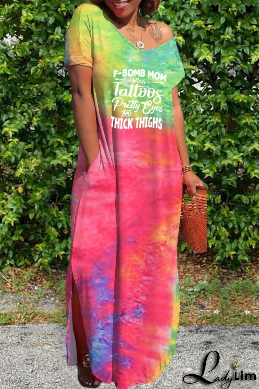 Pink Casual Letter Print Tie-dye V Neck Short Sleeve Dress Dresses