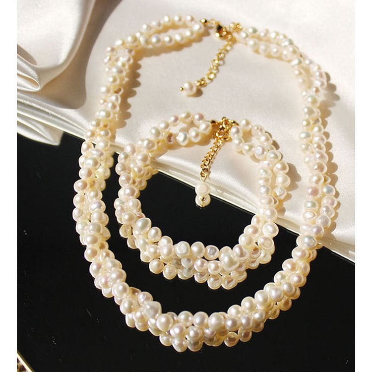Natural freshwater rice pearls | Hand-wrapped double layer pearl necklace | Vintage vintage clasp bracelet