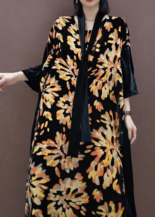 Natural V Neck Patchwork Spring Tunics For Women Fabrics Black Print Kaftan Dress