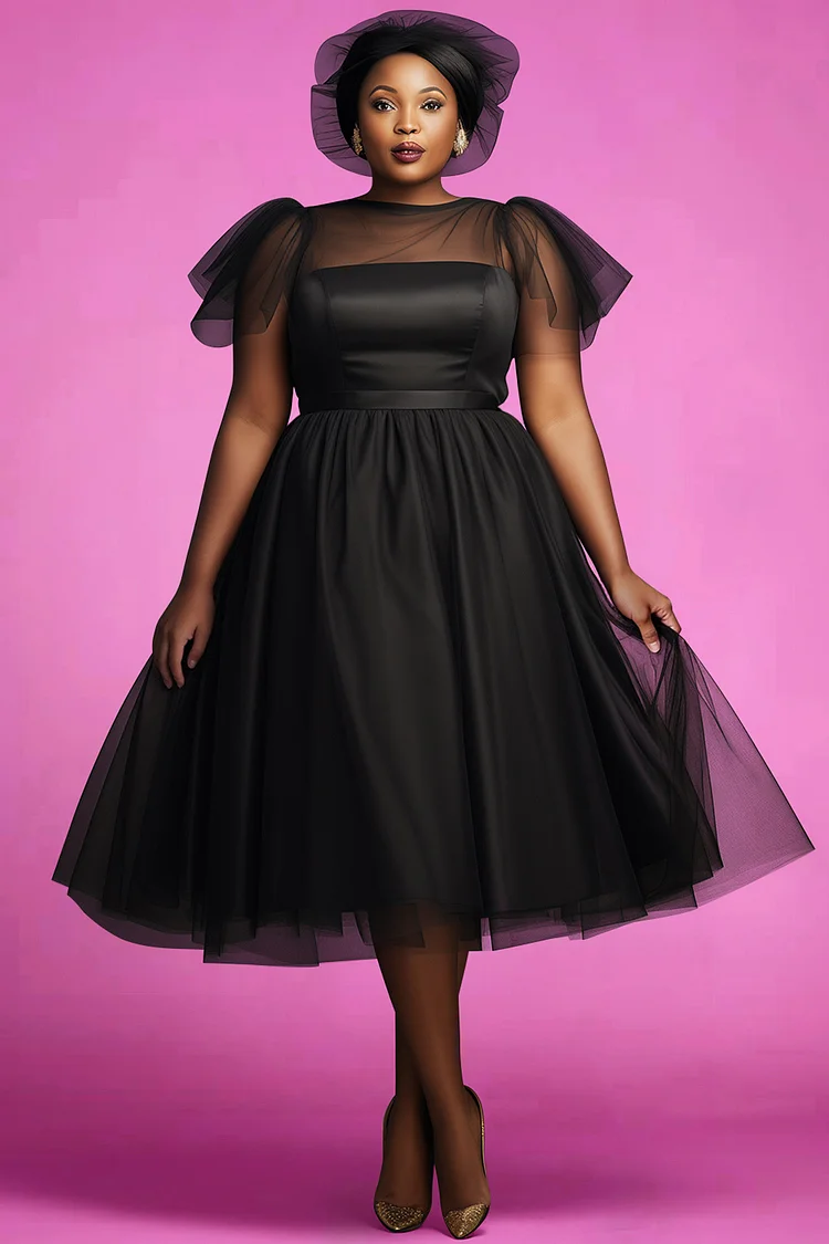 Xpluswear Design Plus Size Wedding Black Round Neck Short Sleeve See Through Vintage Tulle Midi Dresses [Pre-Order] 2024 - Xpluswear