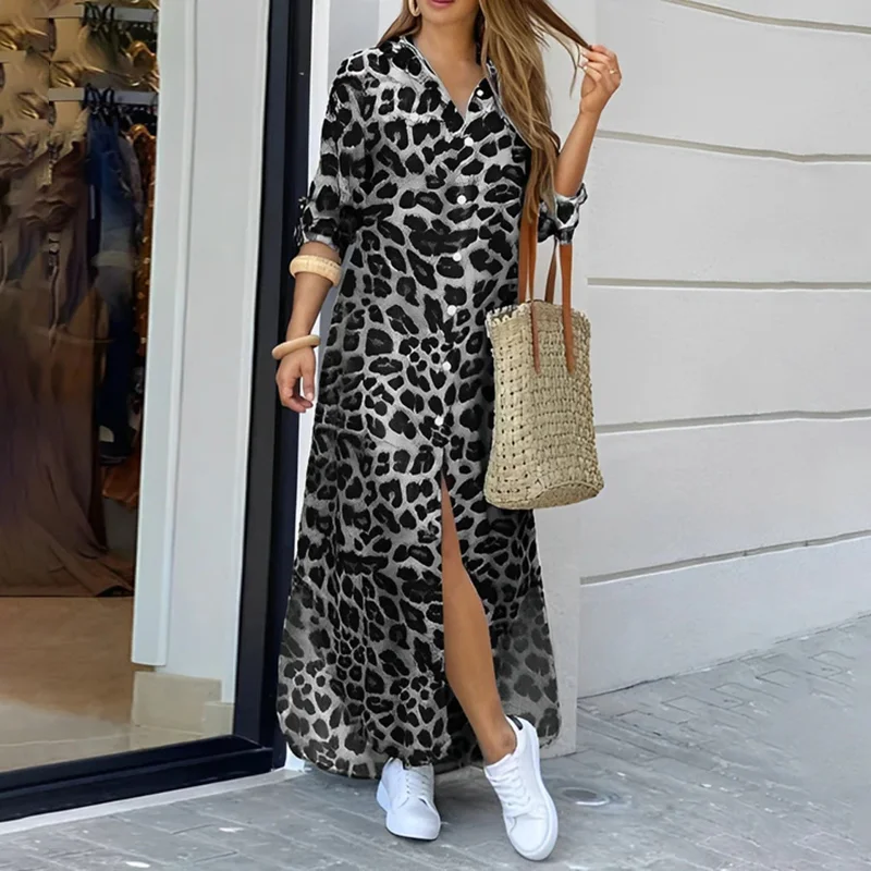 Leopard Print Casual Long Sleeve Shirt Collar Maxi Dress