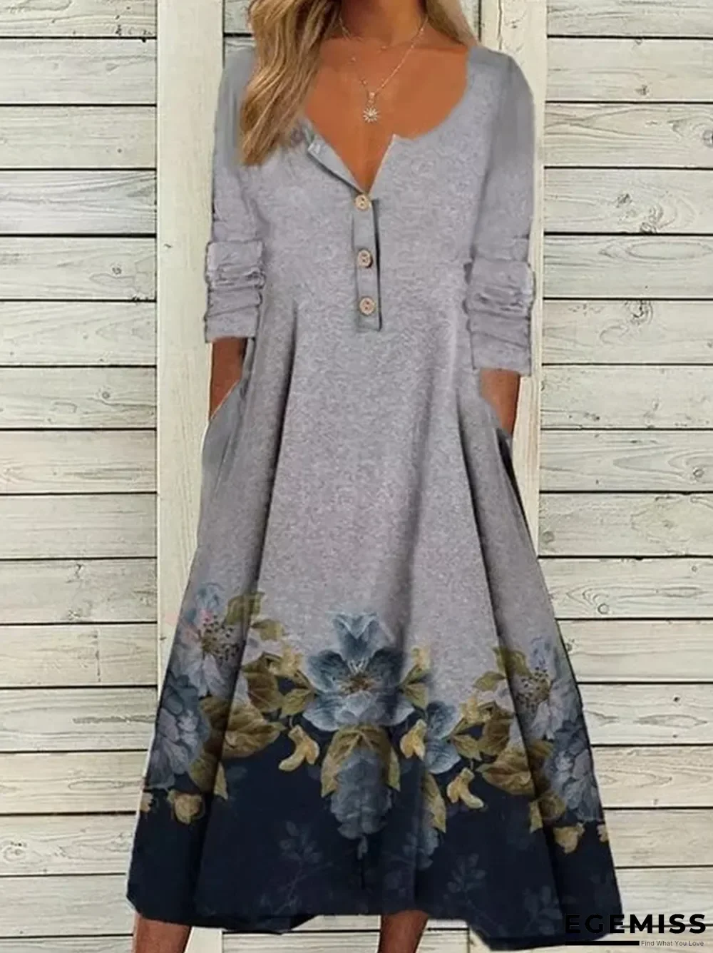 Gray Floral Printed Buttoned V Neck Casual Long Sleeve A-line Dresses | EGEMISS