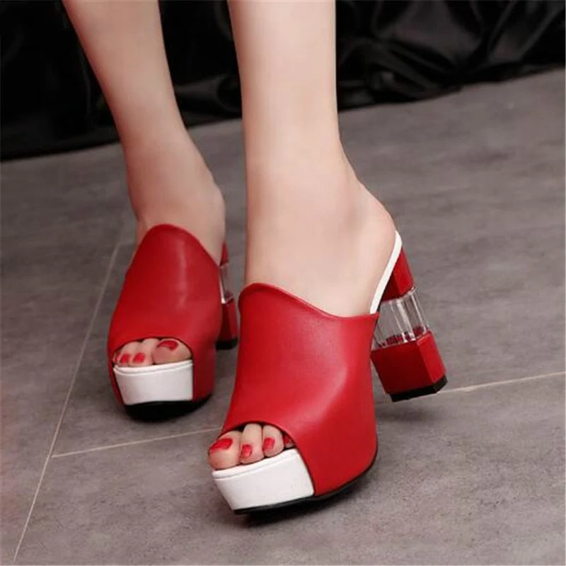 Ladies Leather Sole Slippers Women Sexy High Heel Mules  Black Peep Toe Platform Mules   Sandals Shoes