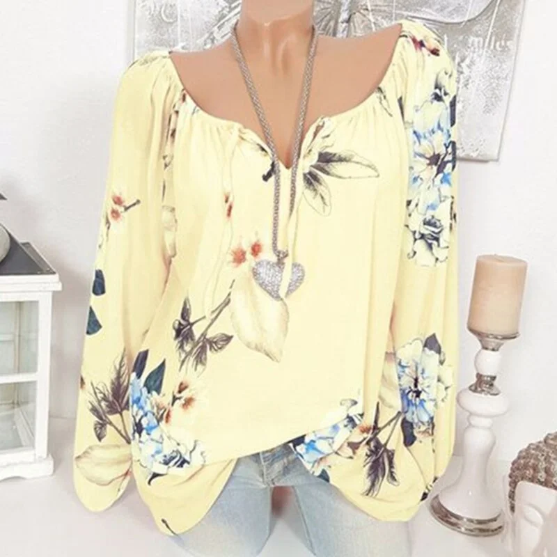 Fashion Floral Print Women Blouse Trendy Long Sleeve Blouse Tops Lace Up Plus Size Off Shoulder Shirts