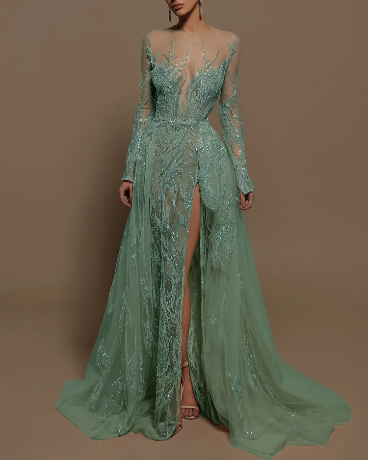 Gown Long Sleeve Sequined Dress