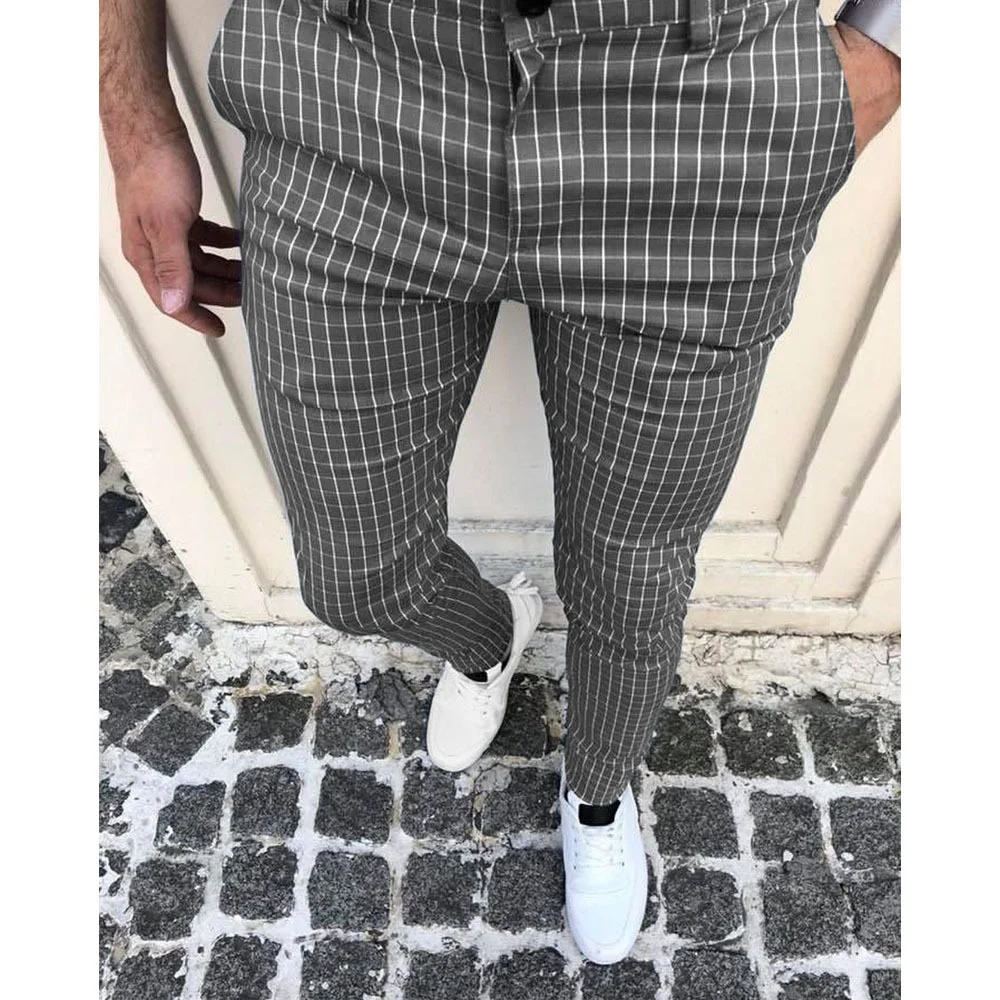Men's Summer Small Plaid Casual Chino Pants Business Skinny Pant