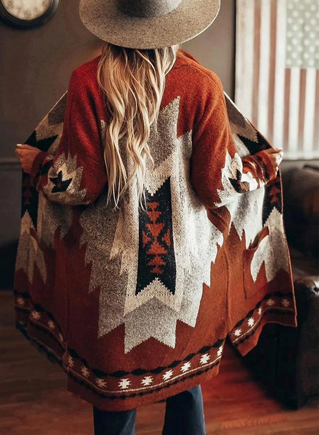 Women Aztec Cardigan Sweater Long Open Front Maxi Knit Sweaters Aztec Tribal Tassel Fringe Thin Coat-PastoralHome-Allyzone
