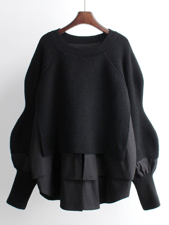 Fake Two-Piece Mid-Length Loose Pullover Sweater Jacket