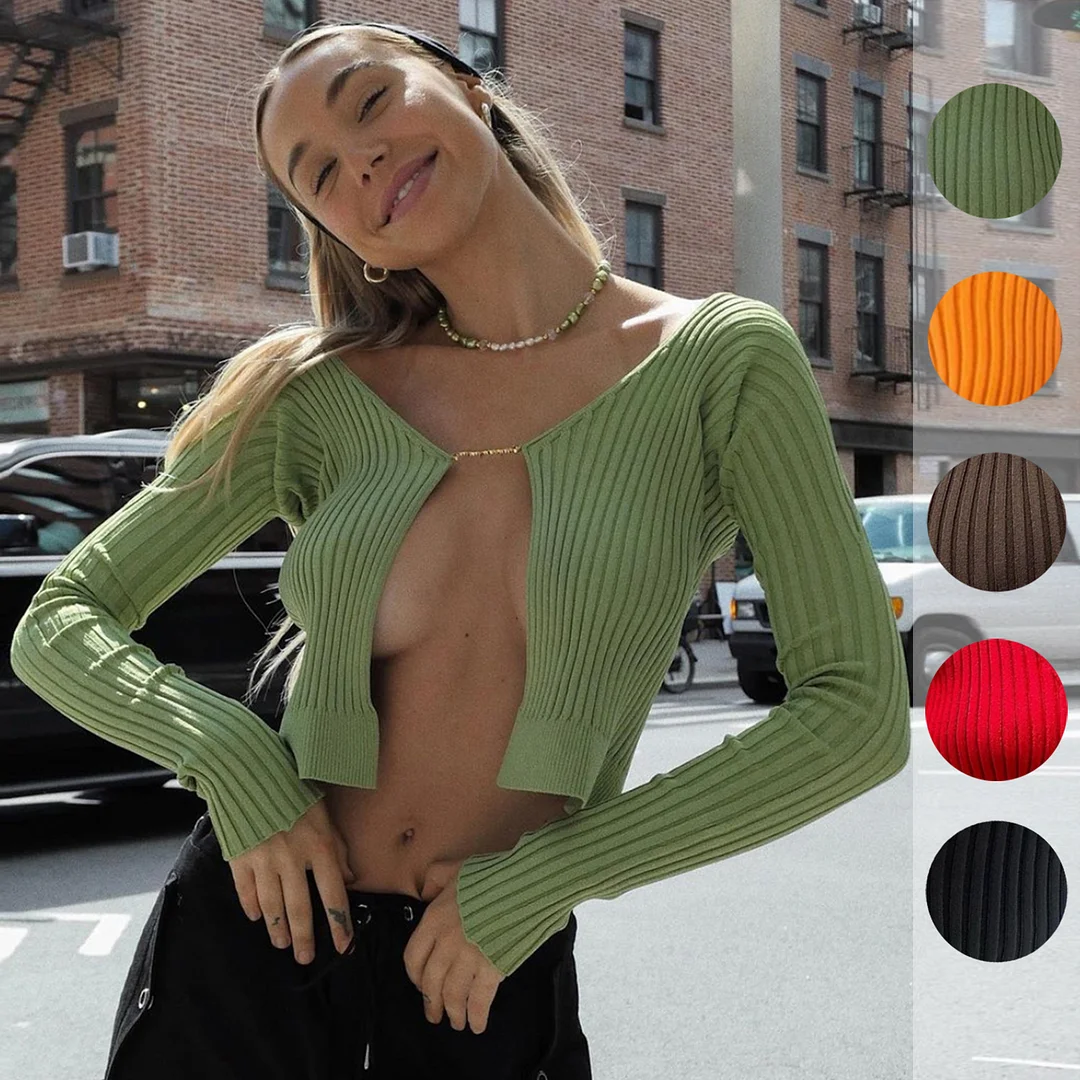 Uveng 2025 Explosion Sweater Woman Sexy Deep V Gold Standard Long-Sleeved Knitted R-Shirt