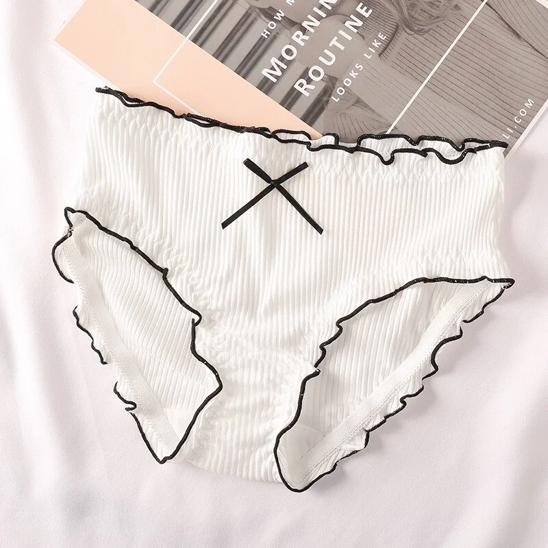 Billionm Japan Style Briefs Sexy Comfort Cotton Mid Waist Women Panties Lovely Bow Stripe Lingerie Solid Health Sleep Underwear