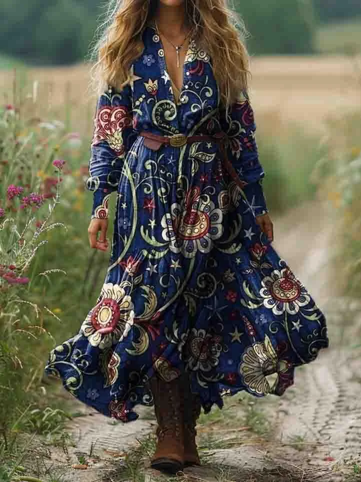Women's Boho Ethnic Floral Art Pattern Print Pocket Cotton Dress